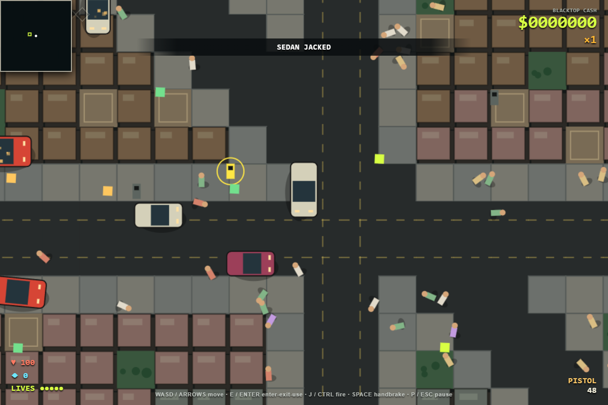 Blacktop Payday single-file top-down city crime game in active gameplay